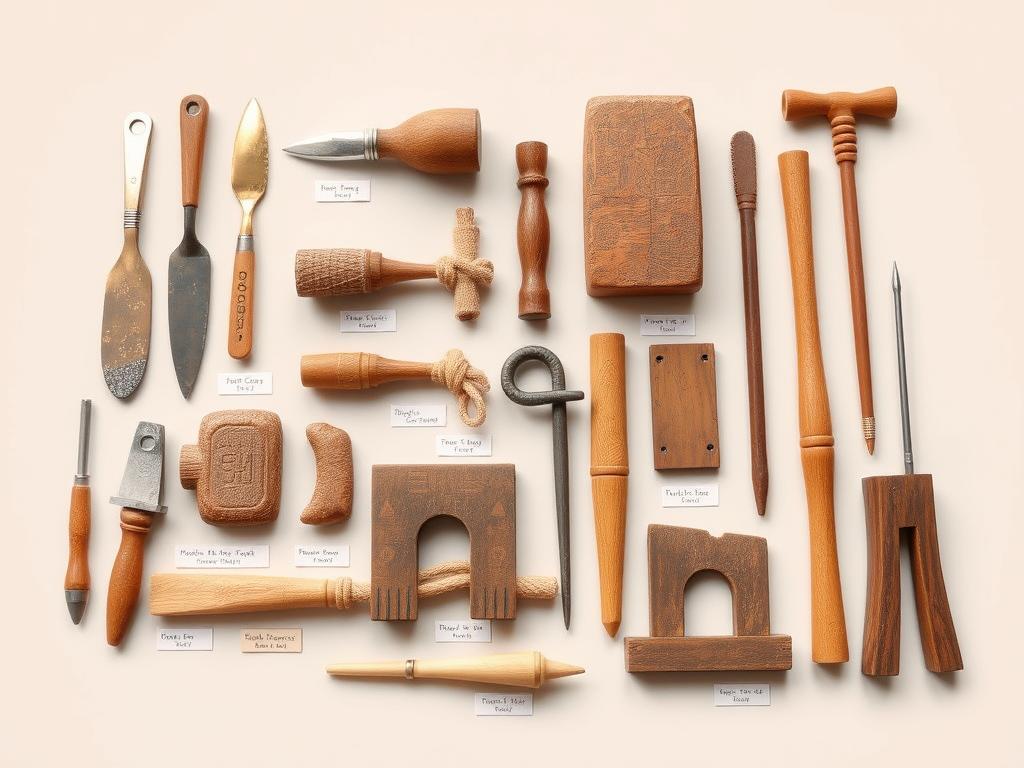 Collection of ancient Egyptian construction tools including copper chisels, wooden mallets, and measuring devices