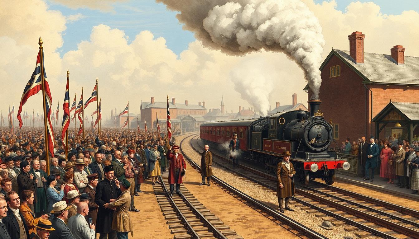 Opening ceremony of the Stockton and Darlington Railway with crowds watching the first train