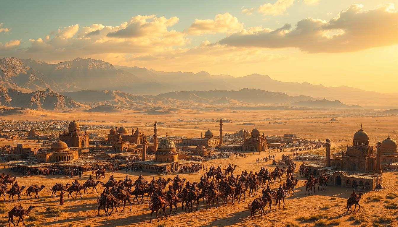 A vast network of trade routes spanning the Mongol Empire, the Pax Mongolica era. In the foreground, caravans of merchants transporting exotic goods across the Silk Road, camels and pack animals laden with spices, textiles, and precious metals. In the middle ground, bustling market towns and oasis settlements, domed mosques and ornate caravanserais. The background features towering mountain ranges, rugged terrain, and endless grasslands of the Eurasian steppe. Warm golden sunlight casts long shadows, illuminating the flow of commerce and cultural exchange. An atmosphere of prosperity, security, and interconnectivity under the Mongol Khans' pax.
