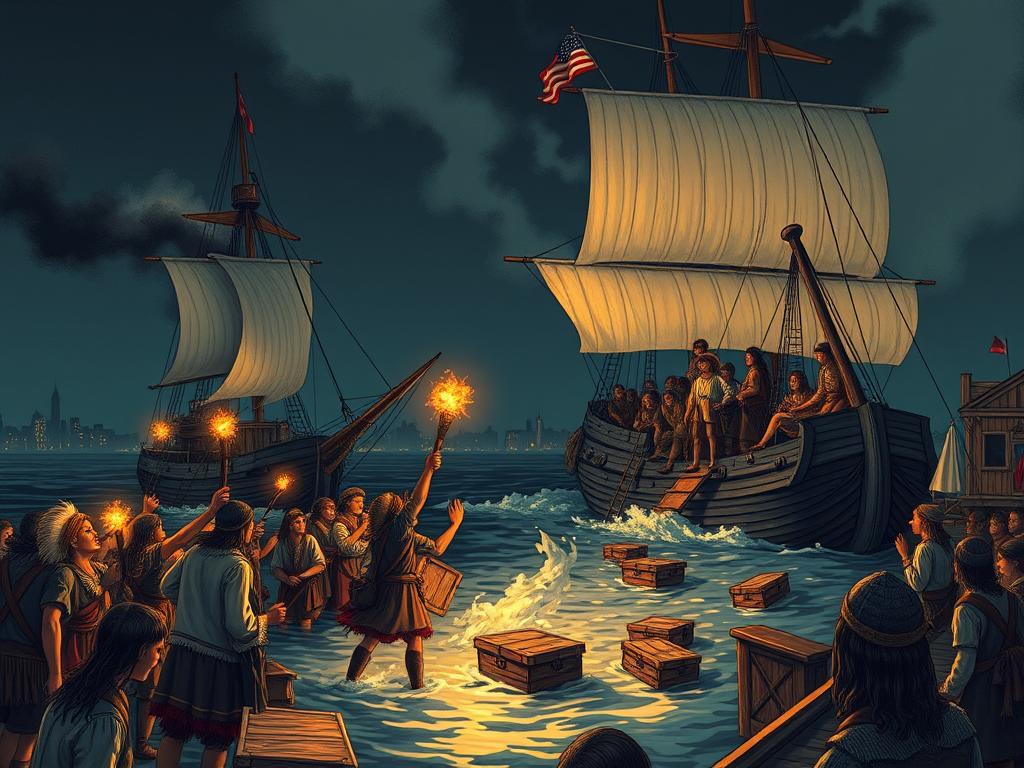 Boston Tea Party illustration showing colonists dumping tea into Boston Harbor as part of America's fight against British rule
