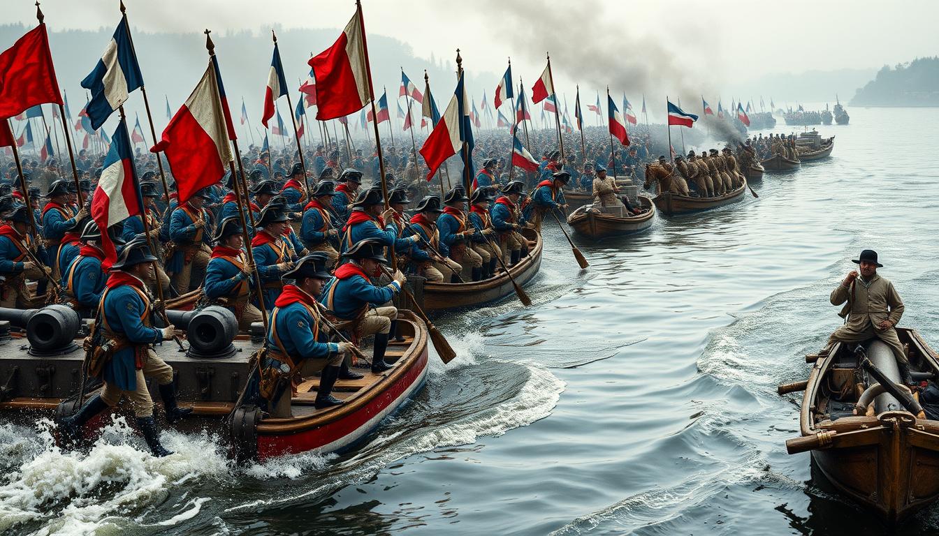 French revolutionary armies crossing the Rhine River to spread revolutionary ideals across Europe