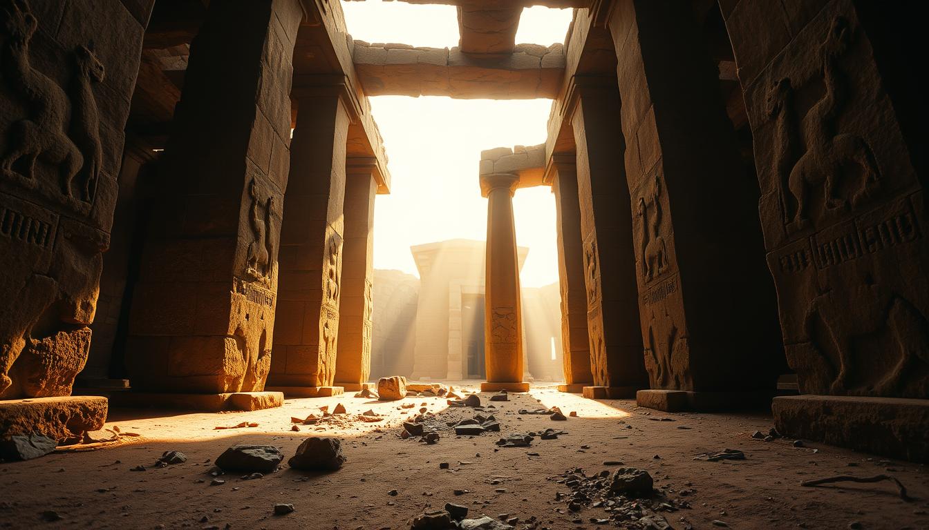 Towering T-shaped stone pillars stand tall in a dimly lit, ancient Göbekli Tepe temple. The massive limestone monoliths, carved with intricate animal reliefs, cast long shadows across the dusty, stone-strewn ground. Warm, golden light filters through gaps in the overhead stone canopy, illuminating the weathered carvings. A sense of reverence and mystery permeates the scene, transporting the viewer back thousands of years to the Neolithic era when this architectural marvel was built. Detailed textures, a moody chiaroscuro, and a low, wide-angle perspective emphasize the grand scale and imposing presence of these awe-inspiring, prehistoric structures.