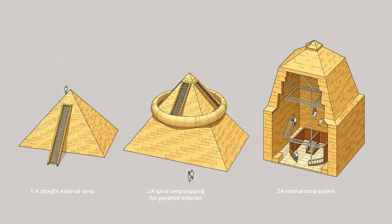 Different theoretical ramp systems used for pyramid construction, including straight, spiral, and internal ramps