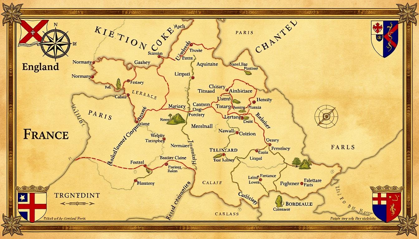 Medieval map showing the territories disputed between England and France during the Hundred Years' War