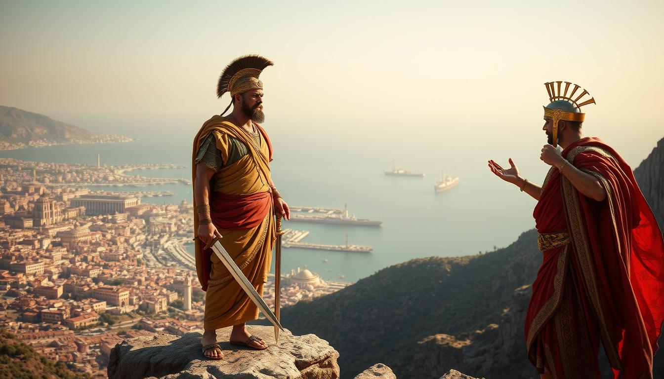 An ancient Roman and Carthaginian standing atop a tall cliff, overlooking a vast expanse of the Mediterranean Sea. The Roman wears a toga and holds a sword, his expression stern and determined. The Carthaginian, dressed in ornate robes, gestures with an outstretched hand, their dialogue tense and adversarial. In the background, the bustling cities of Rome and Carthage stand in stark contrast, their towering structures and busy ports reflecting the power and wealth of these two great civilizations. The scene is bathed in warm, golden light, conveying a sense of historical significance and the high stakes of the rivalry between these two ancient superpowers.