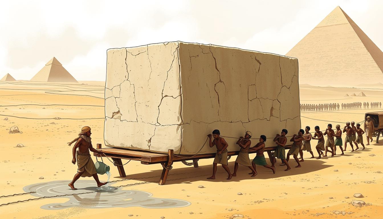 Ancient Egyptians transporting large stone blocks using wooden sleds on wet sand to reduce friction