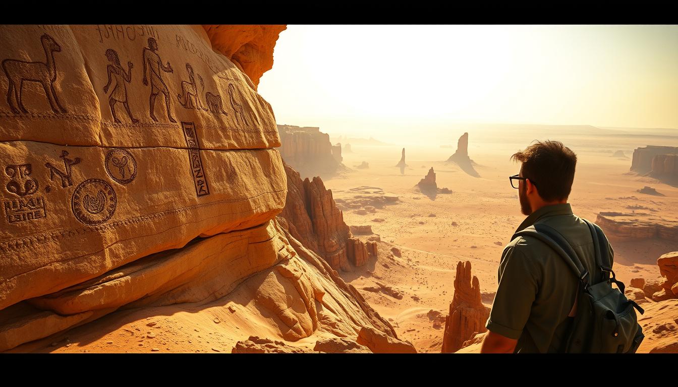 A vast, sun-drenched expanse of the Saharan desert, where ancient rock art adorns the weathered sandstone cliffs. Intricate etchings and paintings depict mystical figures, symbols, and animals, their meanings lost to time. In the foreground, a lone traveler stands in awe, tracing the enigmatic designs with a weathered hand. The mid-ground reveals a panoramic view of the undulating desert landscape, dotted with towering rock formations and deep canyons. Warm, golden light filters through the hazy atmosphere, casting a dreamlike quality over the scene. The background fades into a vast, boundless horizon, hinting at the untold stories and forgotten civilizations that once thrived in this harsh, yet captivating, environment.