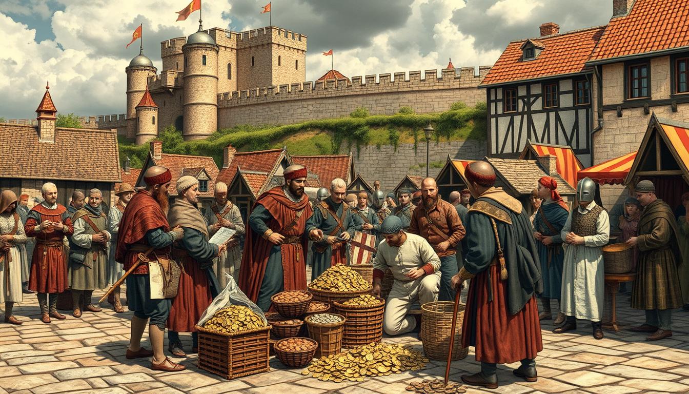 Medieval scene showing the economic impact of the war with tax collectors and merchants