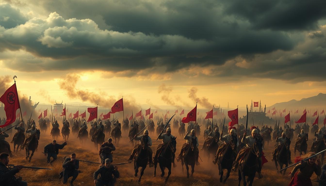 Conquest of Northern China: A Mongol Onslaught A sprawling battlefield under a brooding sky, smoke billowing from the ruins of a conquered city. In the foreground, a column of Mongol cavalry charges, their warrior riders wielding curved swords and raining arrows upon fleeing infantry. Banners emblazoned with the fearsome Mongol emblem flutter in the wind. In the middle ground, desperate civilians flee the carnage, their faces etched with terror. In the distance, the silhouettes of Mongol siege engines loom, hinting at the relentless nature of the invasion. The scene is bathed in an eerie, blood-red light, capturing the brutality and devastation of Genghis Khan's conquest of Northern China.