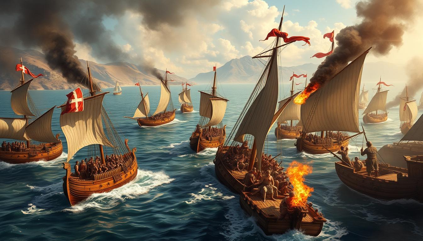 Artistic depiction of the Battle of Salamis showing Greek triremes defeating the Persian fleet