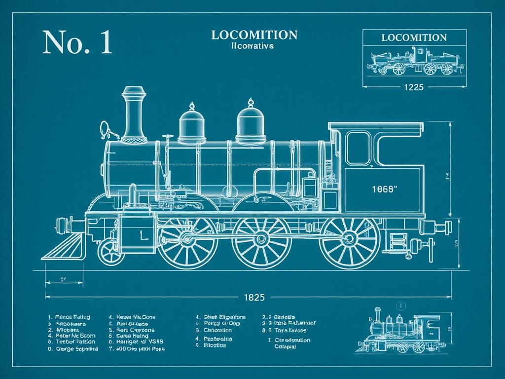 Technical drawing of the Locomotion No. 1, the first steam locomotive to carry passengers on a public railway
