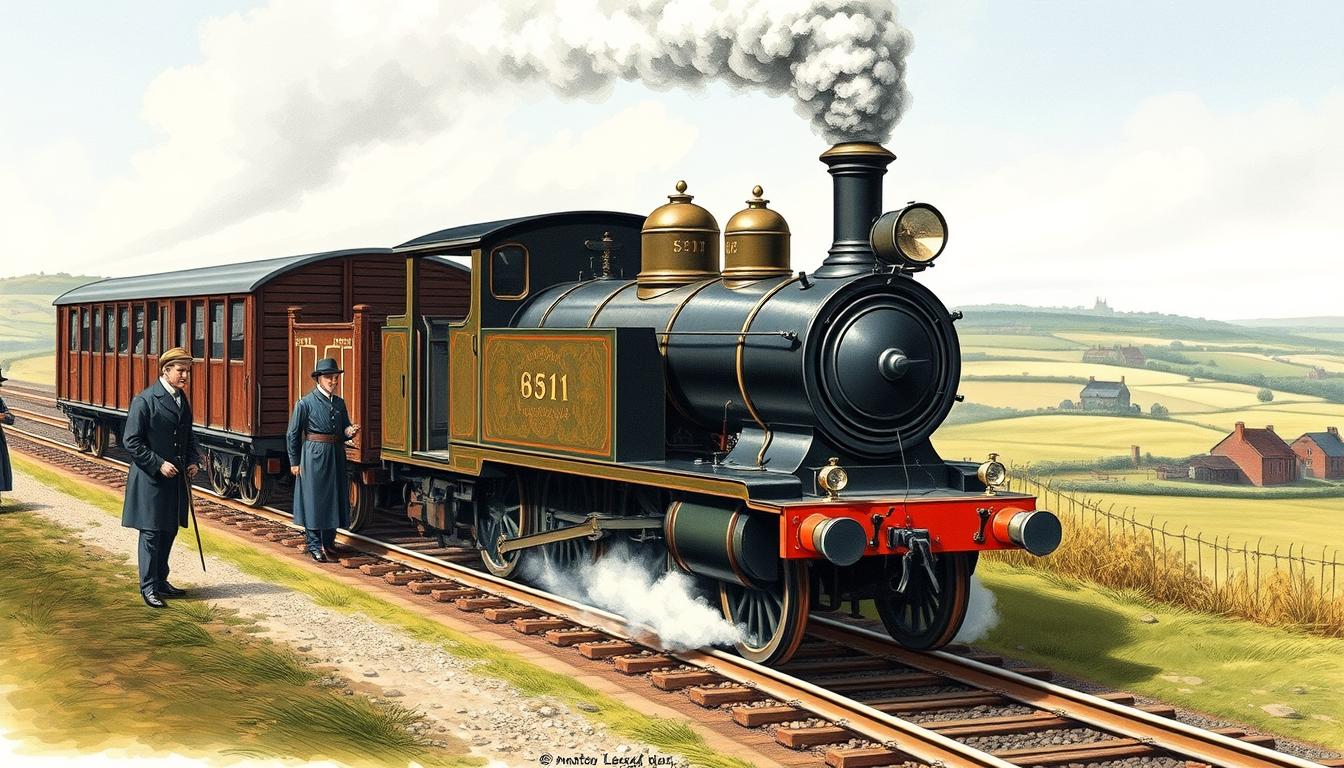 The Locomotion No. 1 steam engine pulling the first passenger train on the Stockton and Darlington Railway in 1825