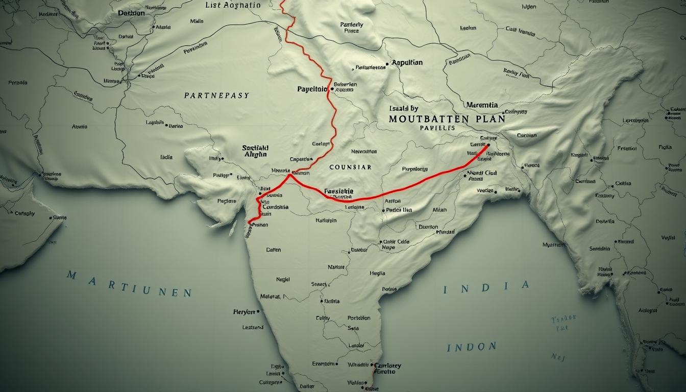 An overhead view of a detailed map showing the Mountbatten Plan and the Radcliffe Line dividing the Indian subcontinent, with a somber, historical atmosphere. In the foreground, the partition boundary is clearly visible, cutting through regions and cities. The middle ground features topographical features like rivers, mountains, and major urban centers. The background showcases the broader geography of the Indian subcontinent, with a muted color palette evoking the gravity of the historical event. The lighting is soft and moody, creating a contemplative mood. The composition emphasizes the scale and impact of the partition, allowing the viewer to absorb the significance of this pivotal moment in history.