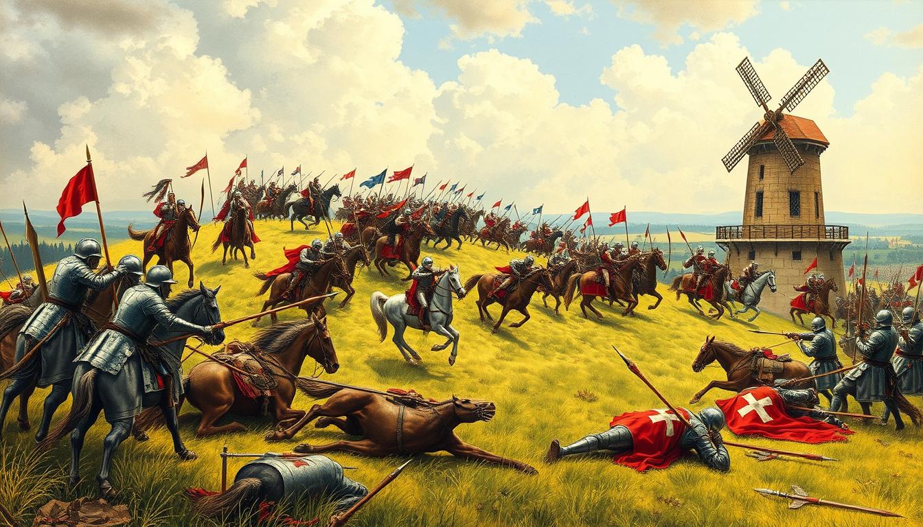 Battle of Crécy showing English longbowmen decimating French knights with a rain of arrows