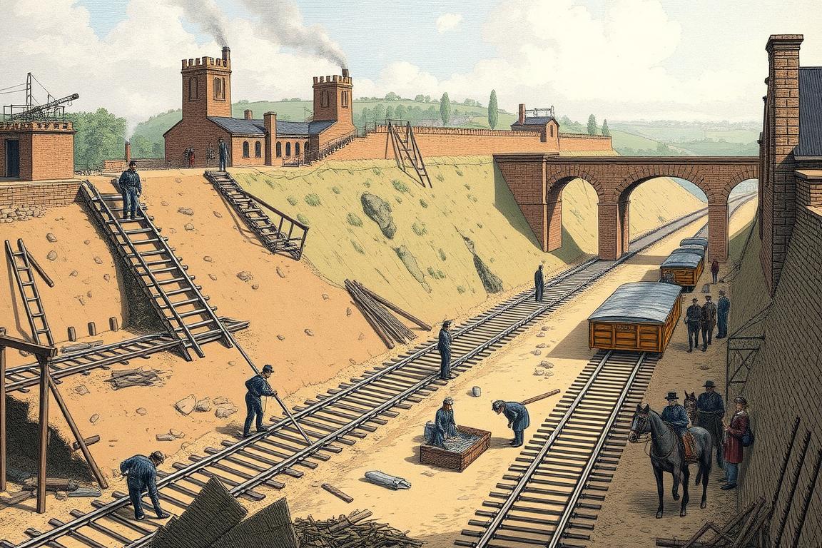 Construction challenges of early railroad building showing workers laying track for the world's first railroad