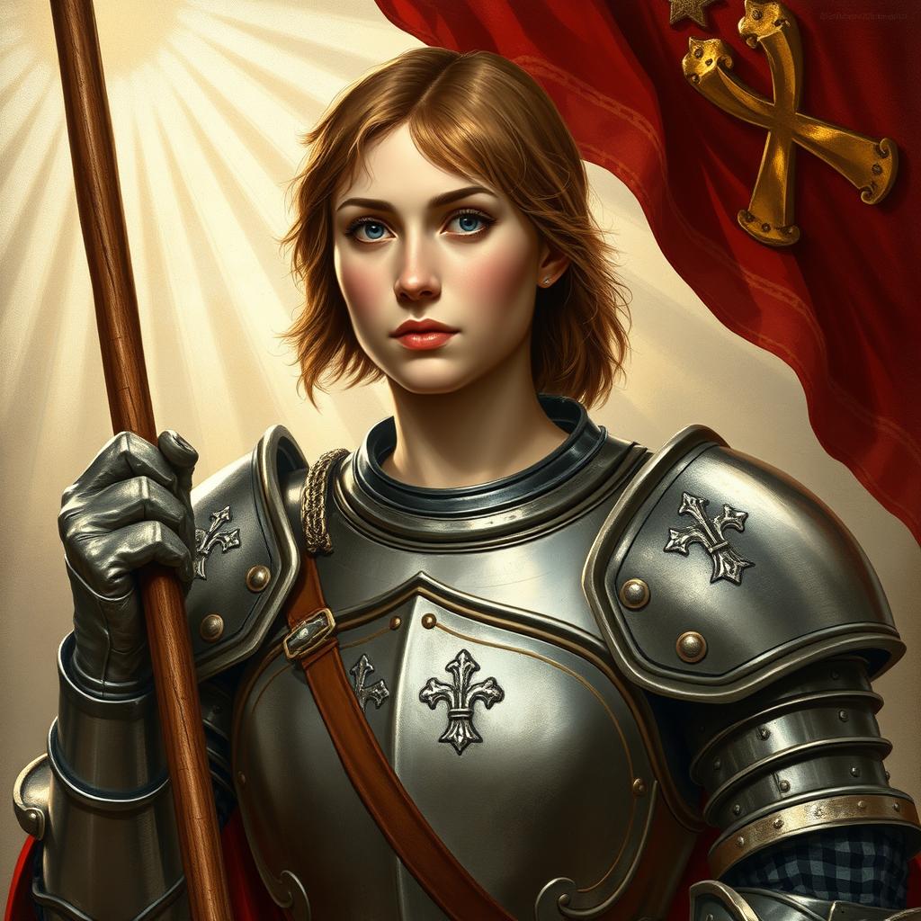 Portrait of Joan of Arc in armor holding her banner with religious imagery