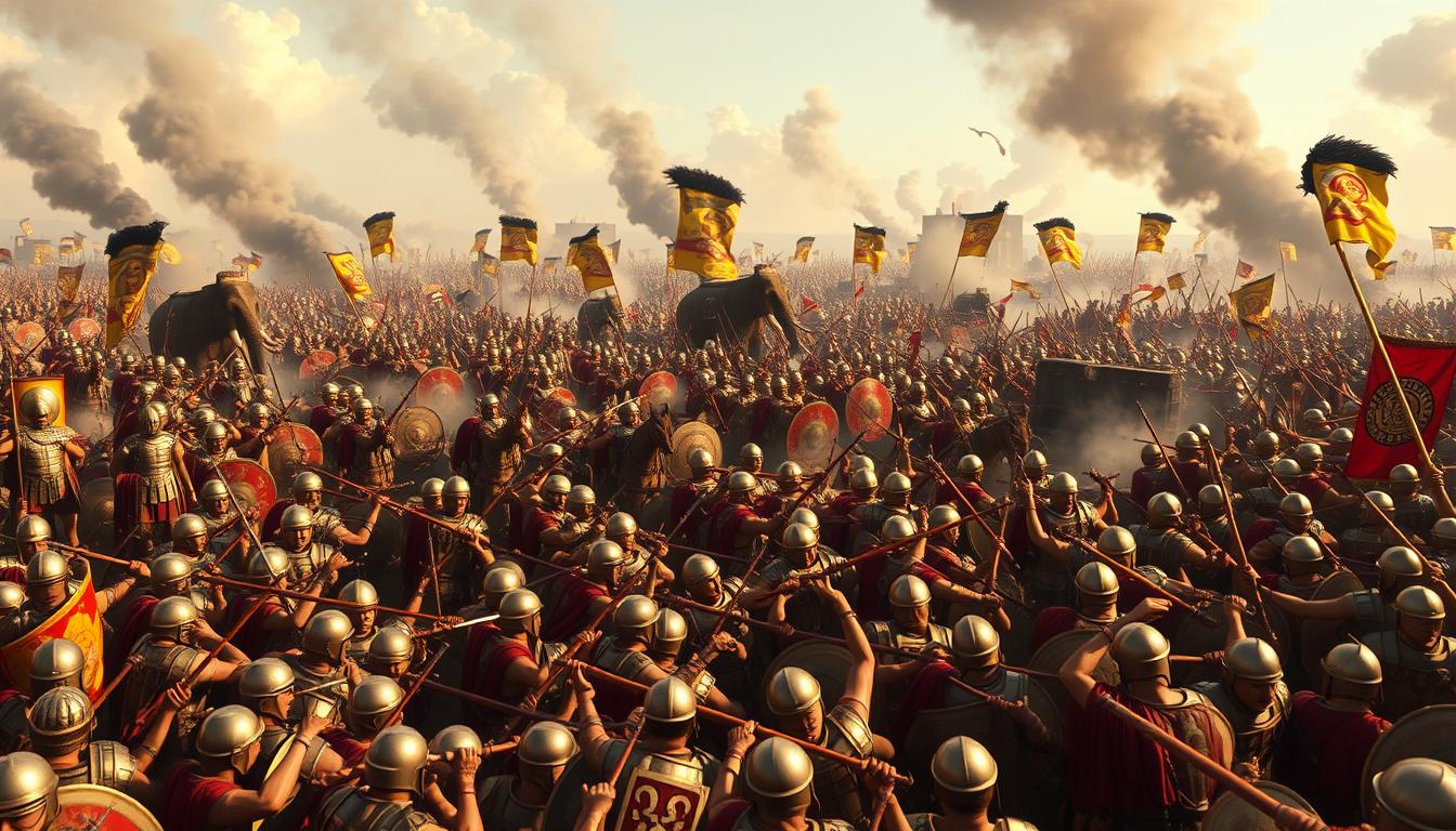 A massive battle rages on the shores of Sicily, as Roman and Carthaginian armies clash in the First Punic War. In the foreground, heavily armored legionaries engage in fierce hand-to-hand combat with Carthaginian spearmen, their bronze weapons glinting in the afternoon sun. In the middle ground, chariots driven by Numidian cavalry charge towards the Roman lines, while Carthaginian war elephants lumber forward, their trunks raised in a deafening trumpet. In the background, billowing clouds of smoke rise from burning siege engines, as the two superpowers of the ancient Mediterranean struggle for control of the strategic island. The scene is one of chaos and destruction, captured in a dramatic wide-angle shot that conveys the scale and intensity of this pivotal conflict.
