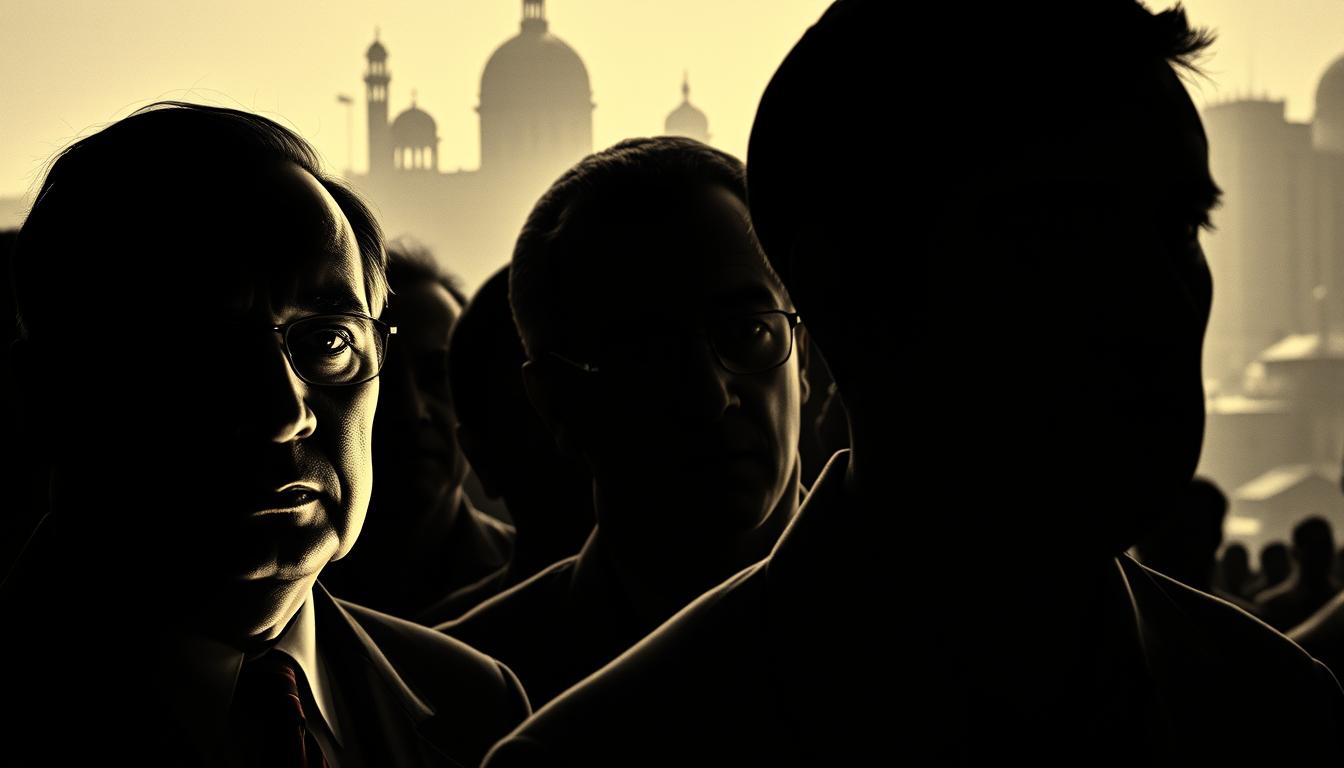 A group portrait of the key figures in the Tunisian independence movement, captured in a dramatic high-contrast chiaroscuro lighting. In the foreground, the faces of the leaders - Habib Bourguiba, Tahar Haddad, and Salah Ben Youssef - are illuminated, their expressions determined and resolute. Behind them, the shadowy silhouettes of other prominent activists and intellectuals fill the middle ground, creating a sense of unity and collective purpose. The background is a hazy, indistinct cityscape, evoking the tumultuous political climate of the era. The overall composition suggests the weight of history and the sacrifices made in the struggle for Tunisian freedom from French colonial rule.