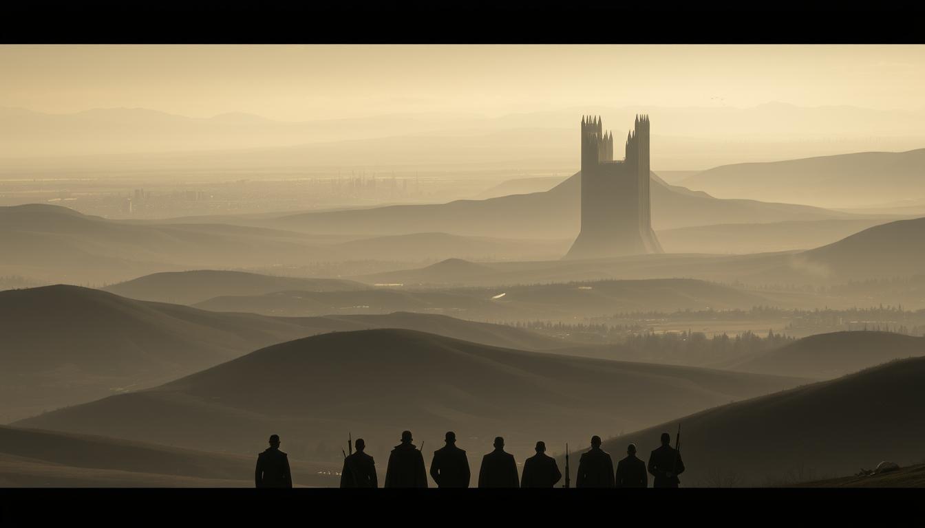 A stark and somber scene unfolds: a panoramic landscape of rolling hills and valleys, bathed in a muted, melancholic light. In the foreground, a group of figures stand in a tense, military formation, their expressions grave and resolute. Behind them, a sprawling city skyline emerges, its buildings casting long shadows across the terrain. In the distance, a towering, imposing structure dominates the horizon, its austere, angular architecture a symbol of power and control. The overall atmosphere is one of unease and oppression, hinting at the complex and turbulent history of the region.