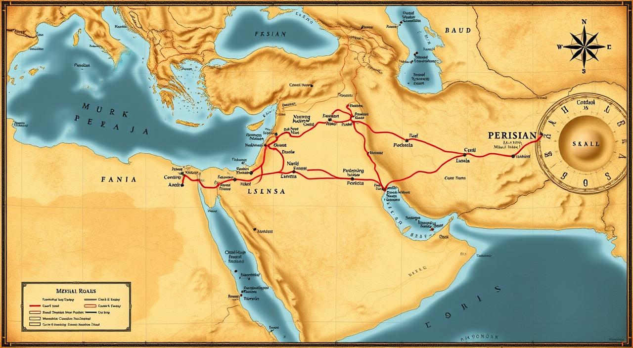 Map of the Royal Road network spanning the Persian Empire with major cities and relay stations