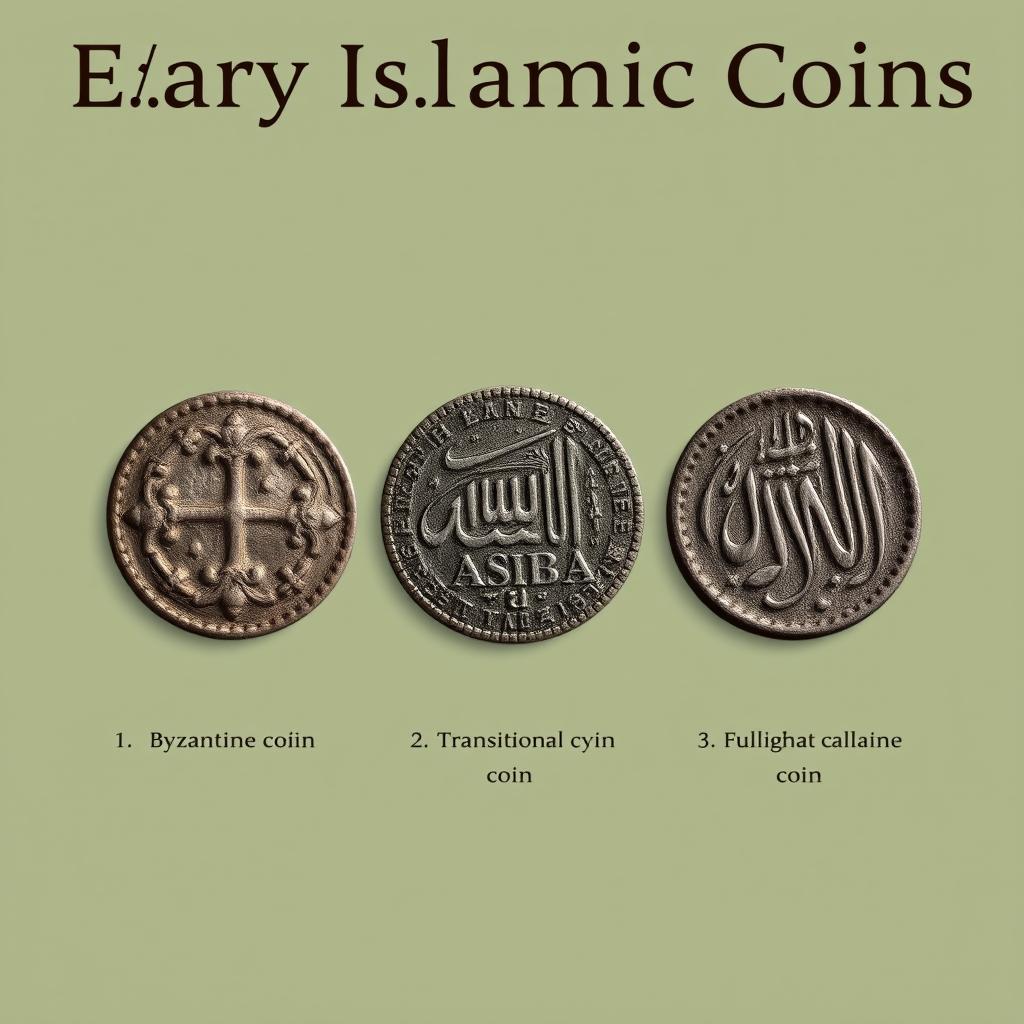 Early Islamic coins showing transition from Byzantine to Islamic designs