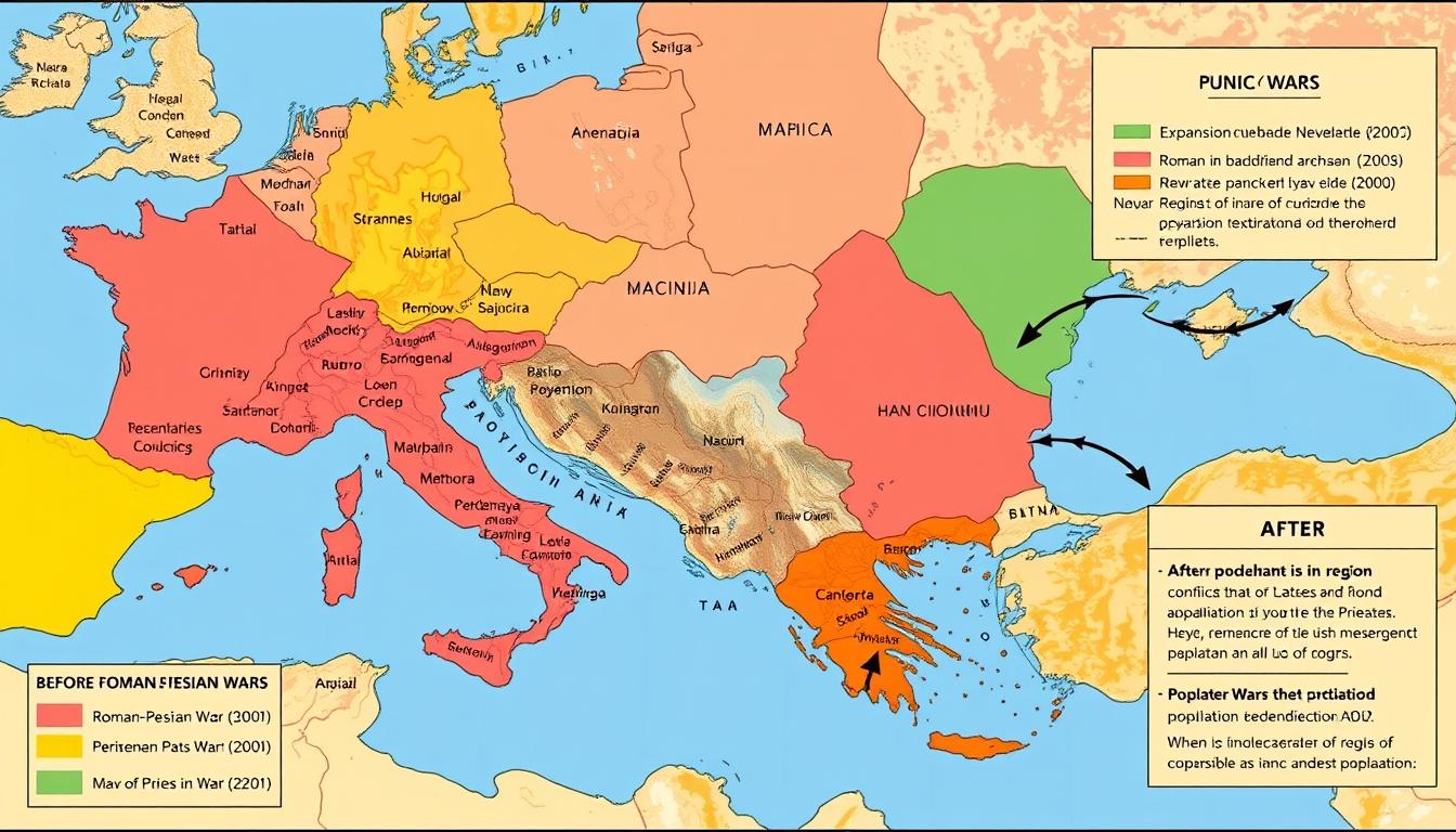 Map showing territorial changes before and after major ancient imperial conflicts