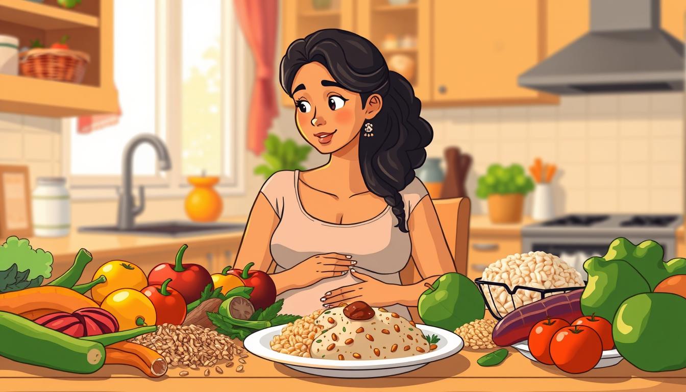 A cozy, well-lit kitchen scene with a pregnant woman sitting at a table, thoughtfully considering a plate of wholesome, nutrient-rich foods. The foreground features an array of fresh produce, whole grains, and lean protein options neatly arranged, inviting the viewer to explore the essential elements of a balanced pregnancy diet. In the middle ground, the woman's expression radiates a sense of contentment and care, as she plans her meals with her growing baby in mind. The background is softly blurred, suggesting a warm, domestic atmosphere conducive to mindful nourishment. Warm, golden lighting casts a gentle glow, creating a soothing, contemplative mood.