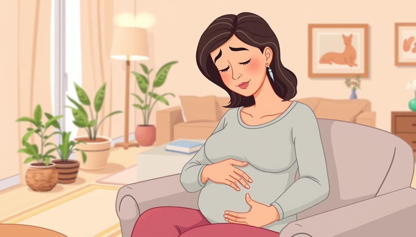 A serene home setting with a pregnant woman experiencing common first-trimester discomforts. In the foreground, she sits comfortably on a plush armchair, one hand gently resting on her belly. Her expression conveys a mix of minor discomfort and tranquility. The middle ground features soothing, natural decor elements like potted plants and soft lighting from a floor lamp, creating a calming atmosphere. The background showcases a cozy, warm-toned living room with neutral-colored walls and tasteful artwork, suggesting a nurturing, supportive environment. The overall scene conveys the concept of managing and navigating common pregnancy challenges with care and composure.