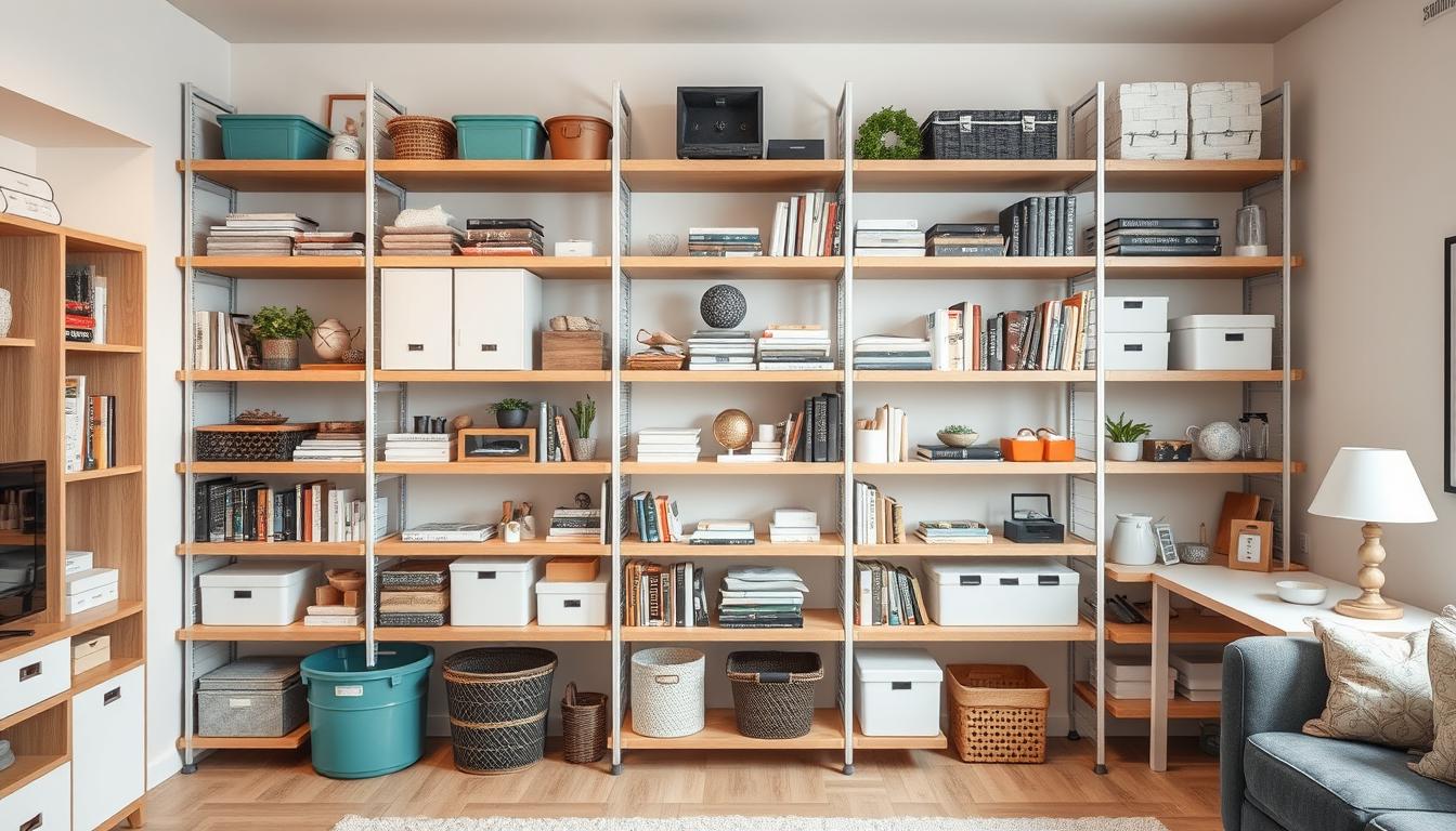 Wall-mounted shelving system maximizing vertical storage in a small apartment