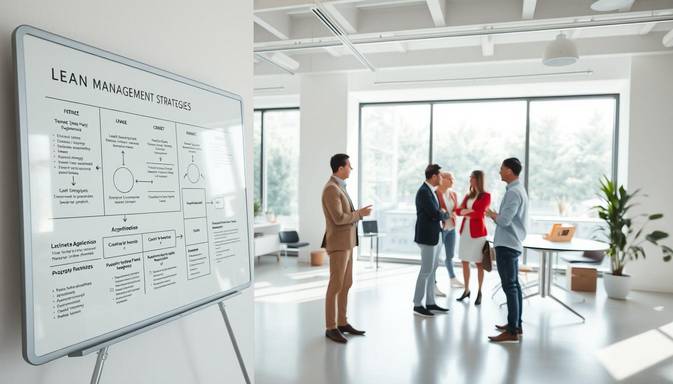 A clean, minimalist office interior with a focus on lean management strategies. In the foreground, a whiteboard displaying workflow diagrams and process improvement techniques. In the middle ground, a team of professionals engaged in a collaborative discussion, gesturing towards the whiteboard. The background features an abundance of natural light streaming in through large windows, creating a bright and airy atmosphere. The lighting is soft and even, accentuating the modern, streamlined design elements. The camera angle is slightly elevated, providing a bird's-eye view of the scene, conveying a sense of efficiency and optimization.