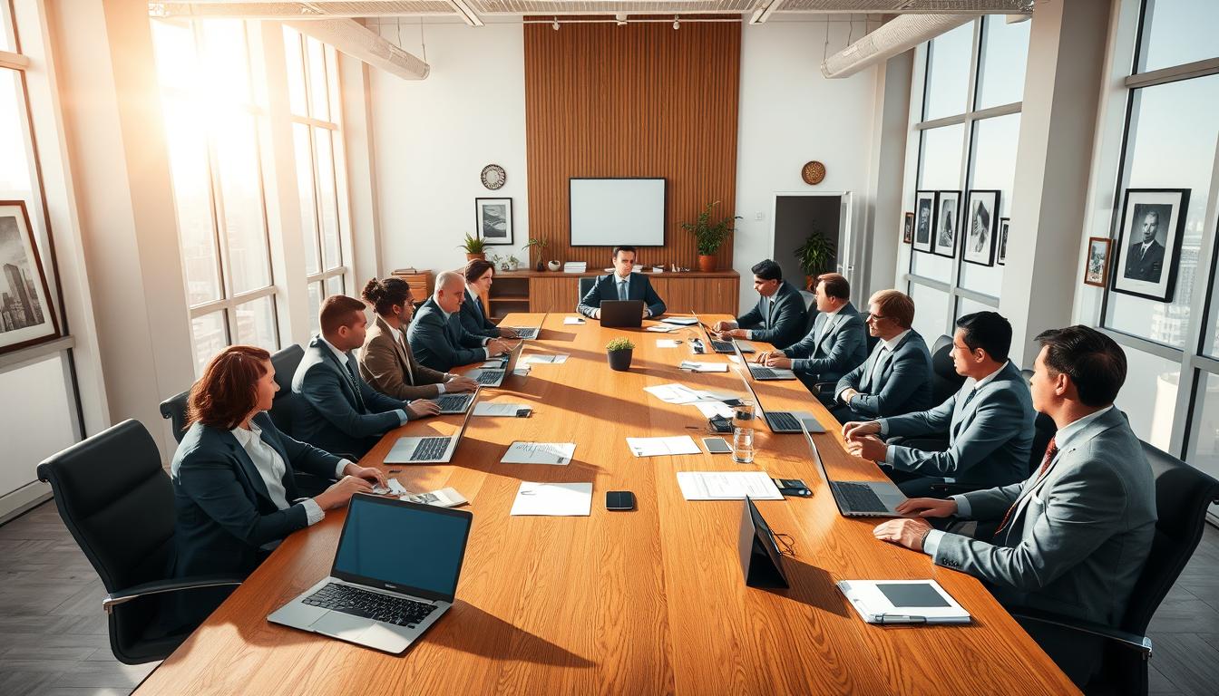 A spacious office interior with a large wooden conference table at the center. Sunlight streams through floor-to-ceiling windows, casting a warm glow across the room. Numerous well-dressed professionals seated around the table, engaged in a lively discussion, with laptops, documents, and presentation materials scattered across the surface. The walls are adorned with framed artworks and corporate accolades, conveying a sense of professionalism and success. The overall atmosphere is one of focused collaboration and strategic analysis, as the team comprehensively assesses the current state of the organization's operations.