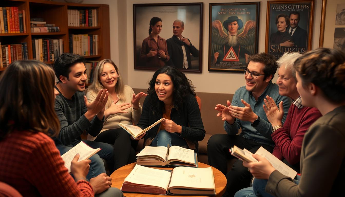 Grupo diverso de pessoas discutindo interpretações de uma obra com final aberto