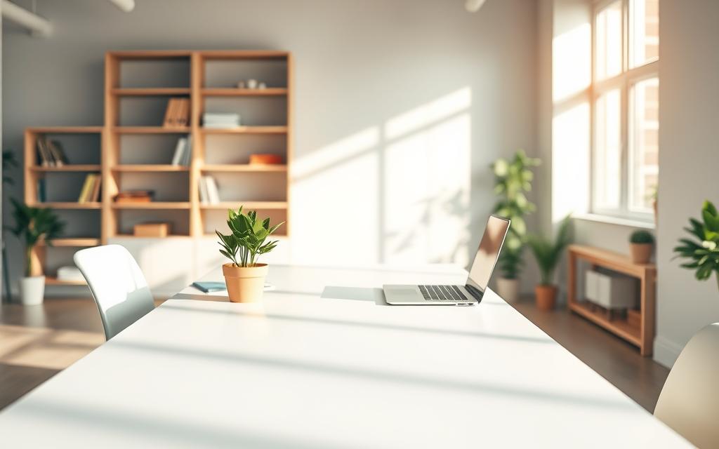A modern office interior with a minimalist design, featuring a clean and organized desk setup. The desk is made of sleek white and wood materials, with a laptop, documents, and a potted plant placed neatly on its surface. The room is bathed in warm, natural lighting, creating a calming and professional atmosphere. In the background, there are shelves with books and other office supplies, hinting at the administrative and organizational aspects of human resources management. The overall scene conveys a sense of efficiency, structure, and attention to detail, reflecting the core principles of benefits administration.