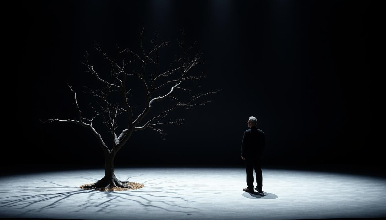 Dois atores em um palco minimalista representando a peça Esperando Godot