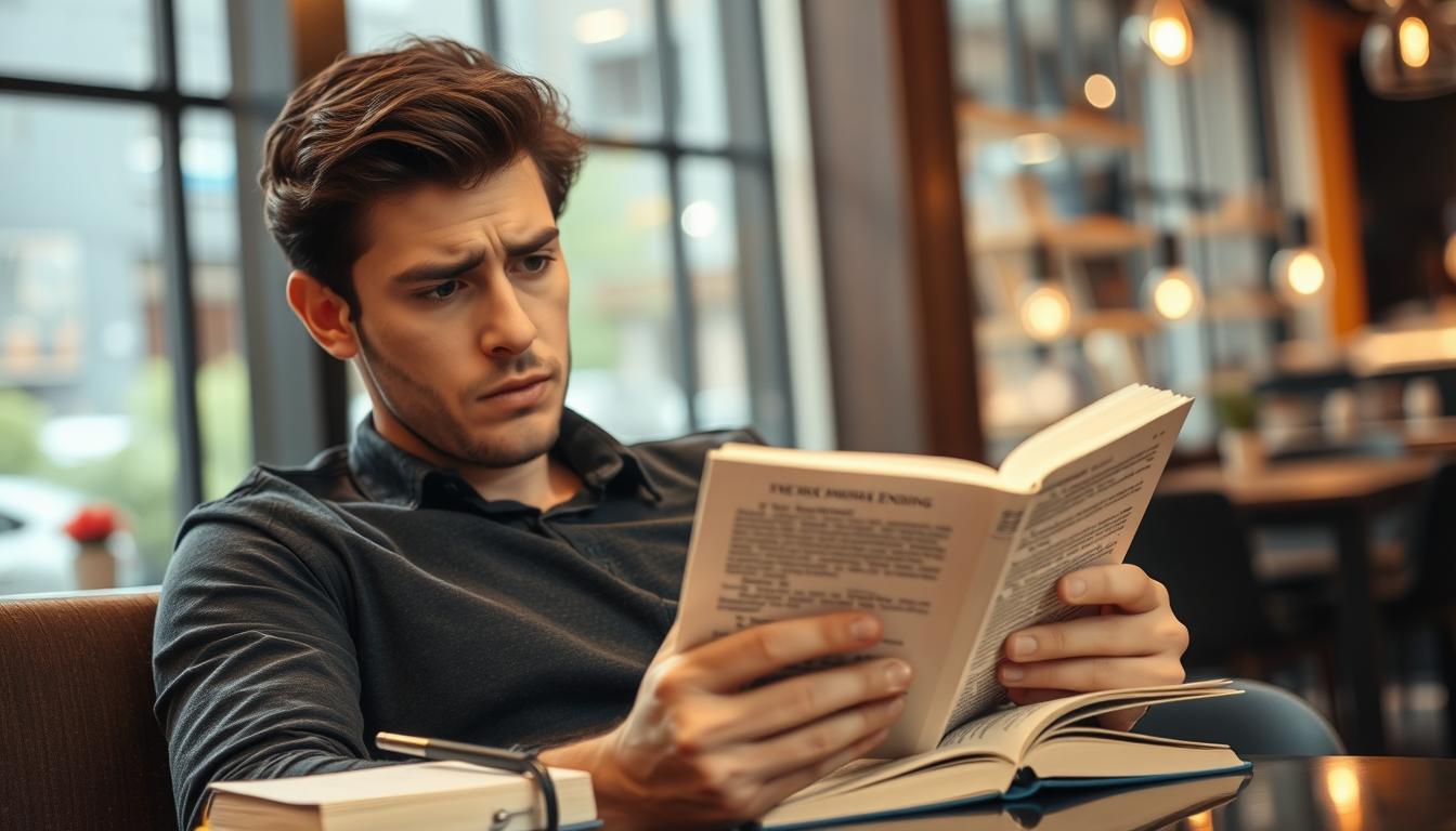 Pessoa lendo um livro contemporâneo com final aberto em um ambiente moderno