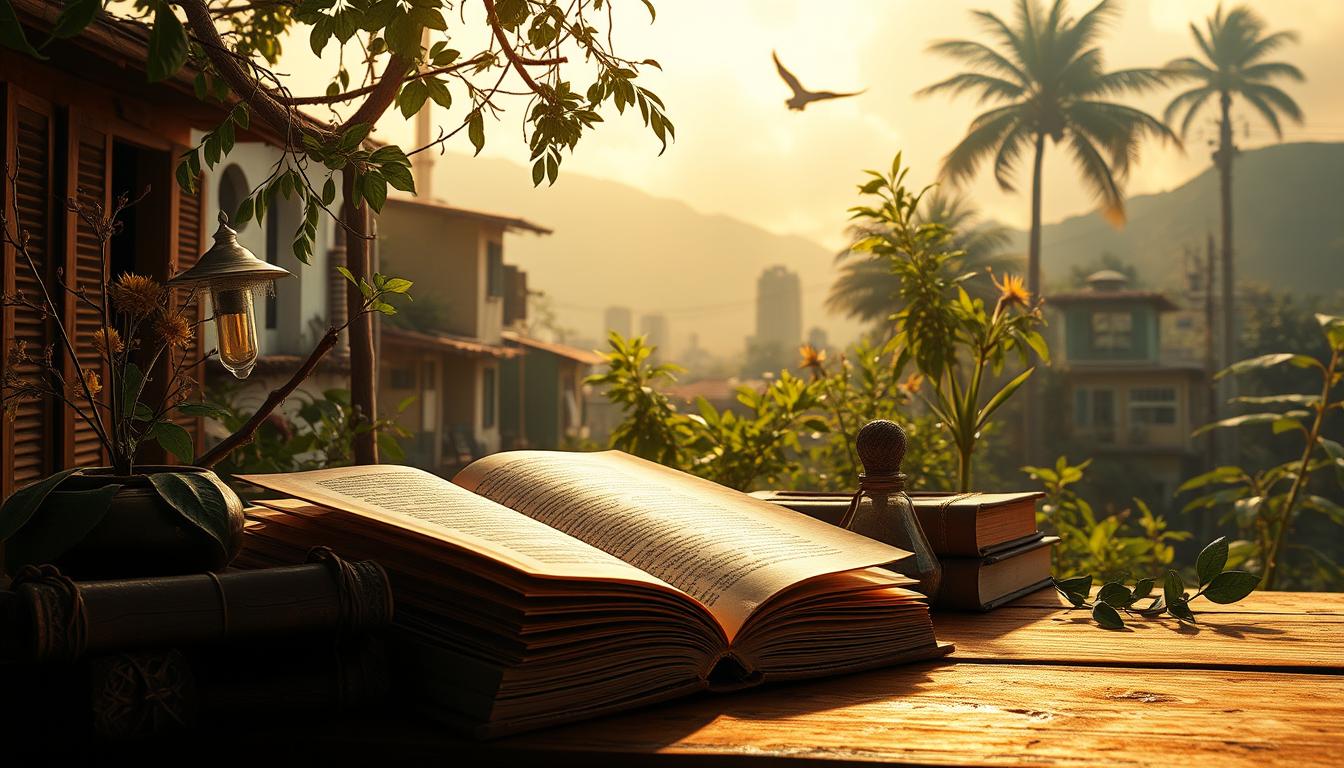 Cena representando a literatura brasileira contemporânea com elementos simbólicos