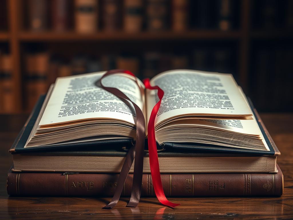 Livros empilhados com marcadores de página representando obras com finais abertos e simbólicos