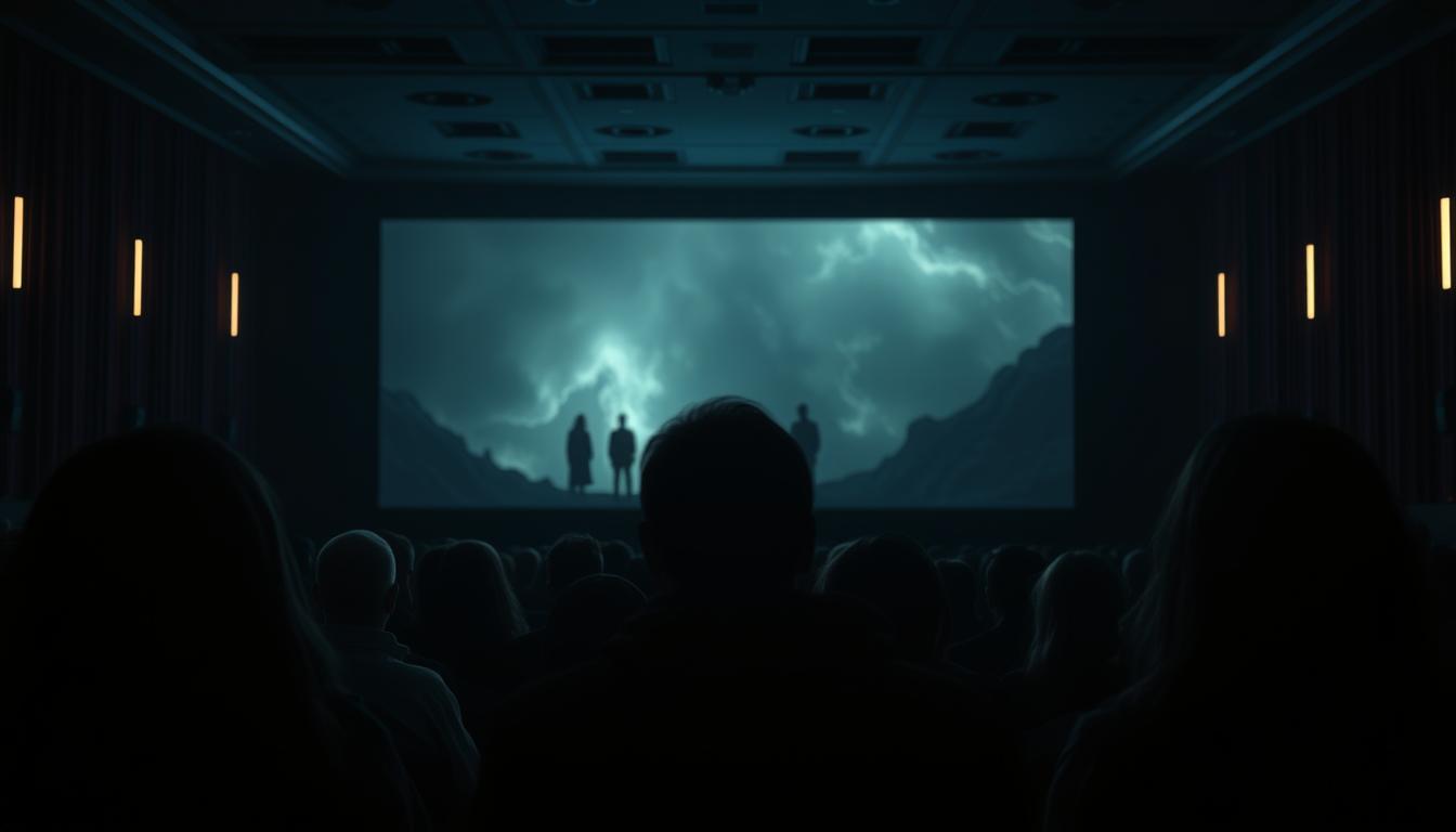 Sala de cinema com tela mostrando uma cena final enigmática, representando obras com finais abertos e simbólicos no cinema