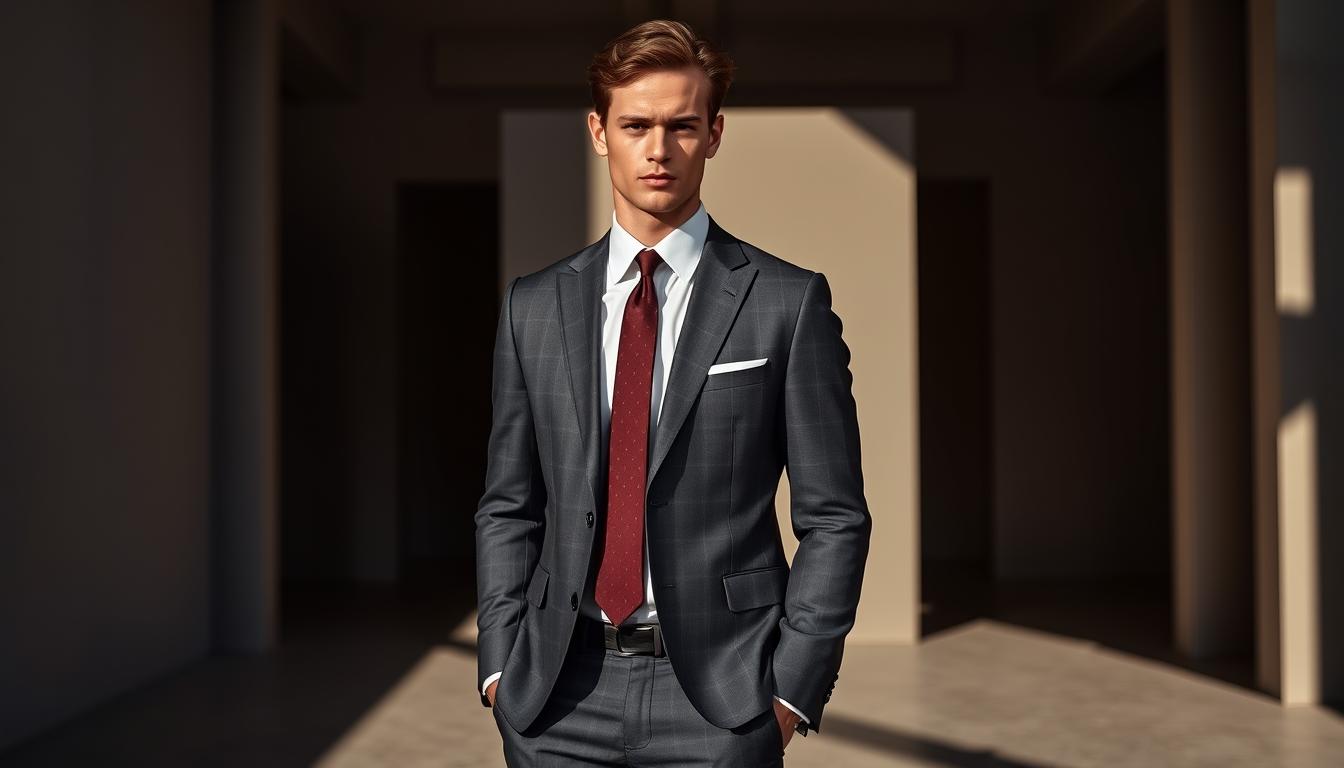 A stylish and sophisticated men's fashion editorial spread, showcasing the latest Acubi clothing line. In the foreground, a well-dressed male model stands confidently, dressed in a sleek charcoal gray suit, crisp white shirt, and a burgundy tie. The lighting is soft and flattering, casting dramatic shadows that accentuate the model's features. In the middle ground, a minimalist backdrop of clean, geometric lines and muted colors allows the fashion to take center stage. The overall atmosphere exudes a sense of urban elegance and refined masculinity, inviting the viewer to explore the Acubi men's style guide.