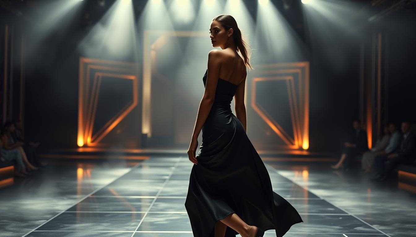 A glamorous high-fashion runway, bathed in dramatic lighting and atmospheric haze. In the foreground, a stunning model elegantly strides, wearing a meticulously tailored Acubi Fashion ensemble - a sleek, form-fitting dress with asymmetric lines, constructed from luxurious fabrics that flow and drape with effortless grace. The middle ground showcases an opulent stage setting, with geometric architectural elements and reflective surfaces that amplify the sense of refined elegance. In the background, a shadowy, moody backdrop hints at the brand's bold, contemporary aesthetic. The overall scene conveys Acubi Fashion's signature style: a captivating fusion of modern sophistication, impeccable craftsmanship, and avant-garde flair.