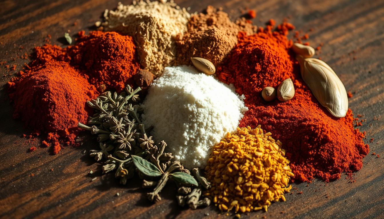 A close-up view of an assortment of freshly ground spices and herbs, including paprika, cayenne pepper, garlic powder, onion powder, dried thyme, and bay leaves, arranged on a rustic wooden surface. The spices are illuminated by warm, natural lighting, casting subtle shadows that add depth and texture to the scene. The overall composition has a moody, aromatic atmosphere, capturing the essence of customizing a homemade seafood boil seasoning blend.