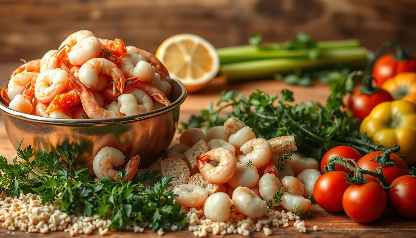 A bountiful still life capturing the essential ingredients for a delectable seafood stuffing. In the foreground, a gleaming copper bowl overflows with a vibrant medley of fresh shrimp, succulent crab meat, and delicate scallops. Surrounding the bowl, a scatter of aromatic herbs - fragrant parsley, earthy thyme, and zesty lemon thyme - nestled amidst glistening breadcrumbs. In the middle ground, a wooden cutting board hosts the remaining players: a half-sliced lemon, a handful of crisp celery stalks, and a trio of plump, juicy tomatoes. The background is softly lit, casting a warm, inviting glow on the scene, hinting at the mouthwatering dish to come.