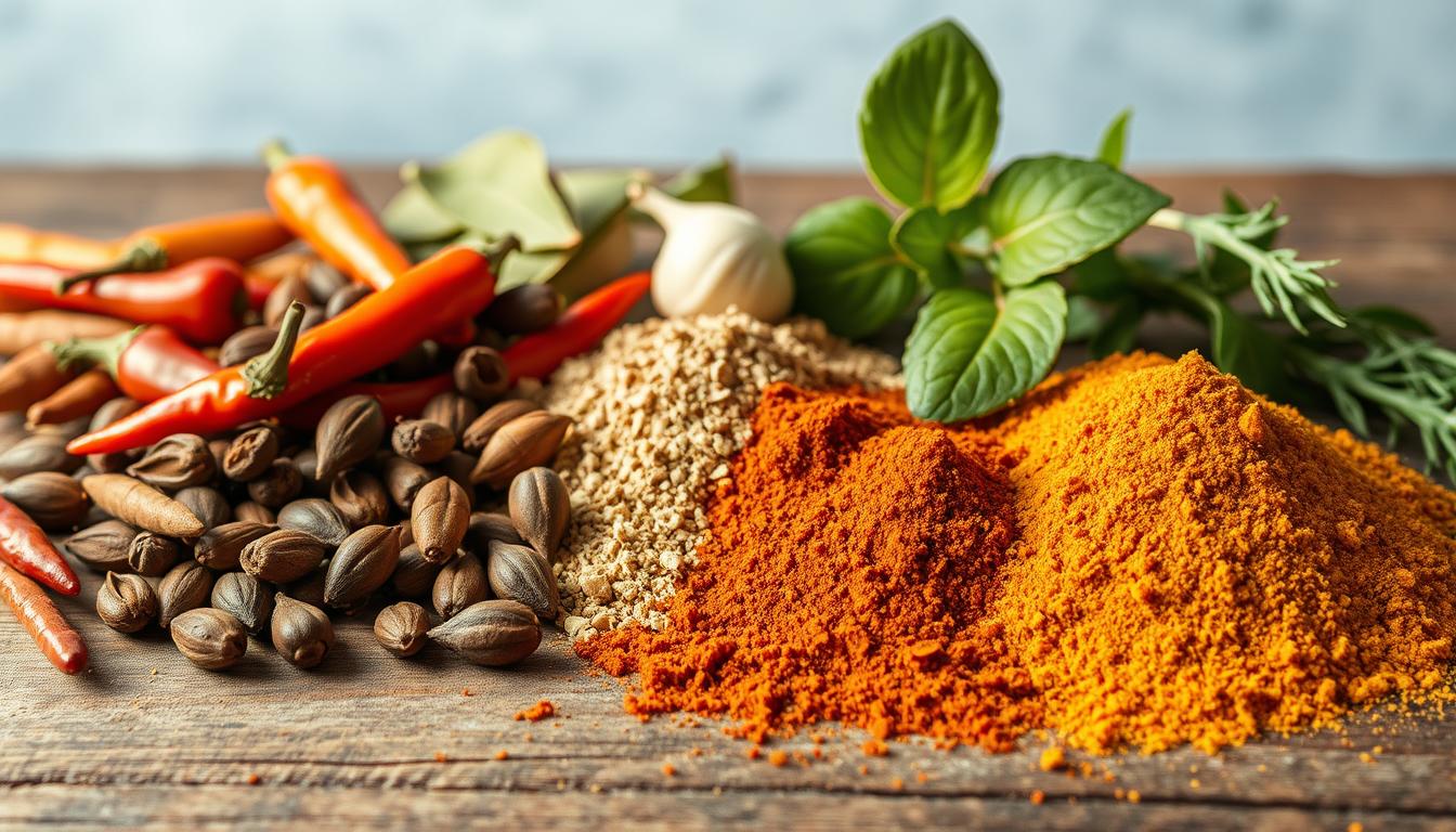 A collection of aromatic spices and herbs, meticulously arranged on a rustic wooden table. In the foreground, a medley of dried chili peppers, whole cloves, and fragrant bay leaves creates a captivating visual symphony. The middle ground showcases an array of ground spices, including paprika, garlic powder, and a touch of smoked paprika, evoking the warm, earthy tones of a classic seafood boil seasoning. The background features a soft, diffused lighting, casting a gentle glow over the scene and emphasizing the depth and complexity of the spice blend. The overall composition conveys a sense of culinary artistry and the promise of a flavorful seafood boil experience.