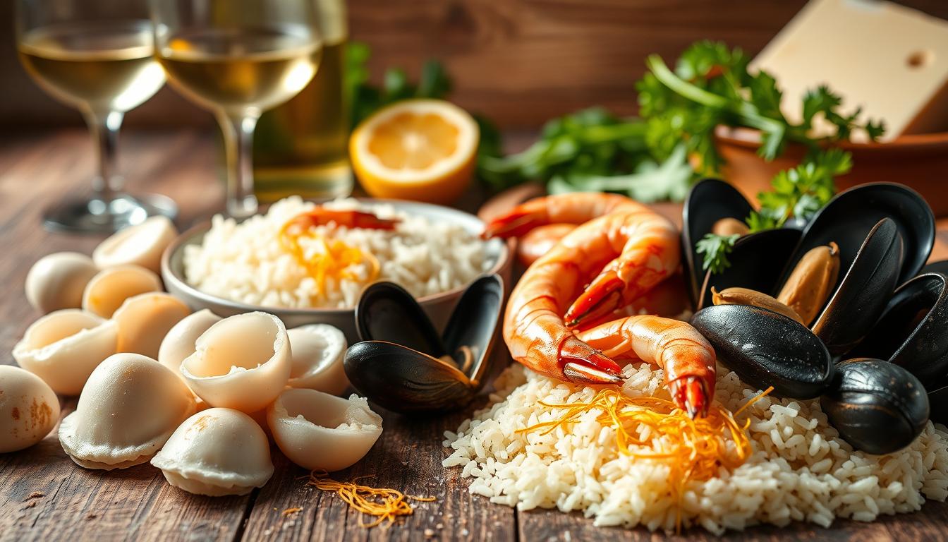 A close-up still life of the essential ingredients for an authentic Italian seafood risotto, shot in natural lighting with a soft, diffused focus. In the foreground, freshly shucked scallops, prawns, and mussels are arranged on a rustic wooden surface. In the middle ground, Arborio rice, saffron threads, and a glass of crisp white wine. In the background, a bundle of fresh Italian parsley, a lemon half, and a sprinkling of Parmesan cheese. The overall mood is warm, inviting, and evocative of a classic Italian kitchen.