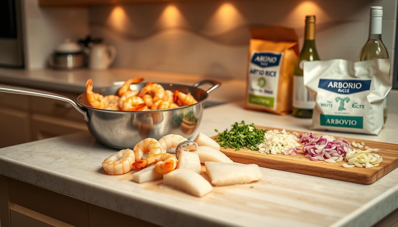 A clean, bright kitchen countertop, illuminated by warm overhead lighting. On the surface, a large stainless steel pan sizzles with olive oil, as fresh seafood - plump shrimp, tender scallops, and flaky white fish fillets - are carefully arranged. Beside the pan, a wooden cutting board holds finely chopped onions, garlic, and herbs, ready to be added to the pan. In the background, a bag of Arborio rice and a bottle of white wine sit nearby, hinting at the classic Italian risotto to come. The entire scene evokes the preparation of an authentic, mouthwatering seafood risotto, ready to be crafted with skill and care.