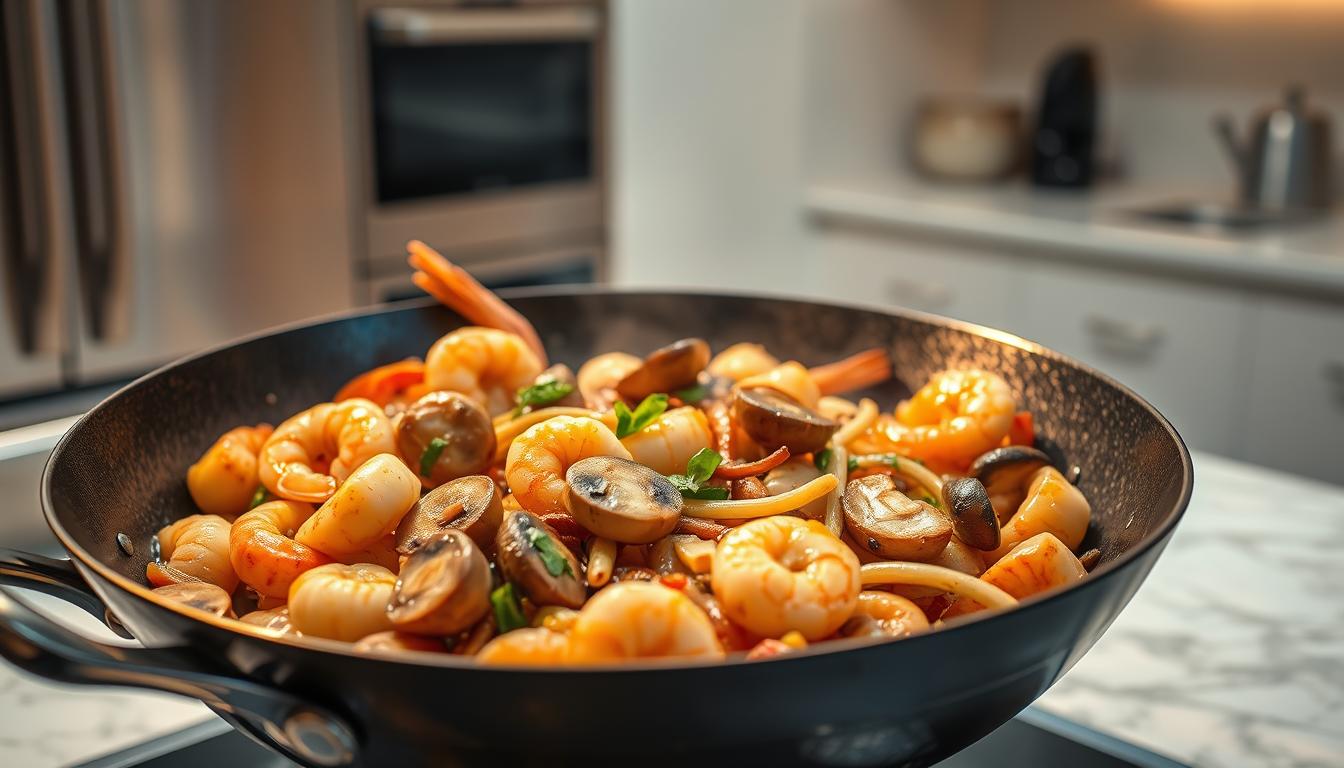 A delectable seafood mushroom stir-fry sizzling in a wok, illuminated by warm golden light. Juicy shrimps, fresh scallops, and an assortment of gourmet mushrooms (such as oyster, shiitake, and enoki) are sautéed with garlic, ginger, and a savory, slightly sweet sauce. The vibrant colors of the ingredients pop against the dark, polished wok in the foreground, while a clean, minimalist kitchen scene with stainless steel appliances and a marble countertop fills the background. The composition is balanced, with a shallow depth of field that keeps the stir-fry in sharp focus, creating an appetizing and mouthwatering scene.