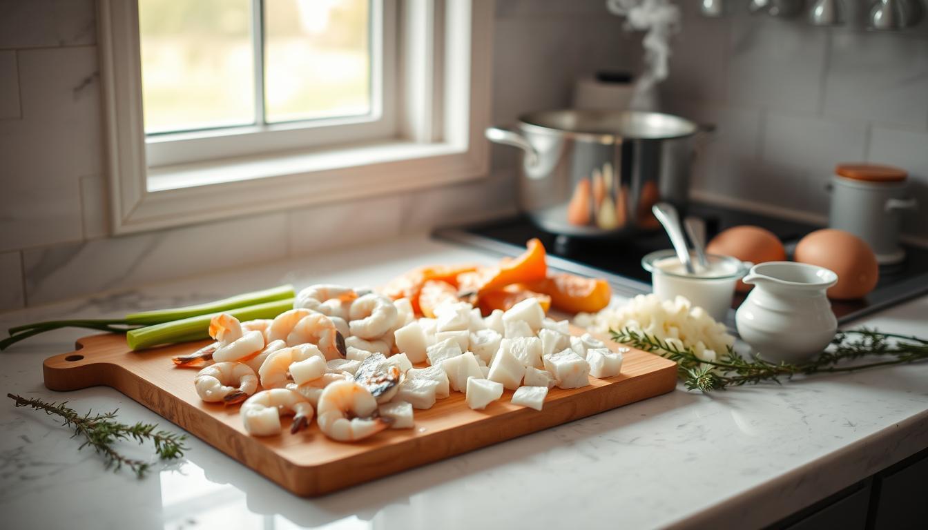 A well-lit kitchen countertop, bathed in soft natural light from a large window. On the surface, a wooden cutting board holds an array of fresh seafood - shrimp, scallops, and chunks of firm white fish. Next to it, a pot simmers on the stove, releasing wisps of steam. Vegetables like diced onions, celery, and potatoes wait to be added. Sprigs of thyme and a splash of cream sit nearby, ready to transform this bounty into a rich, creamy seafood chowder. The scene exudes a cozy, inviting atmosphere, hinting at the comforting meal to come.