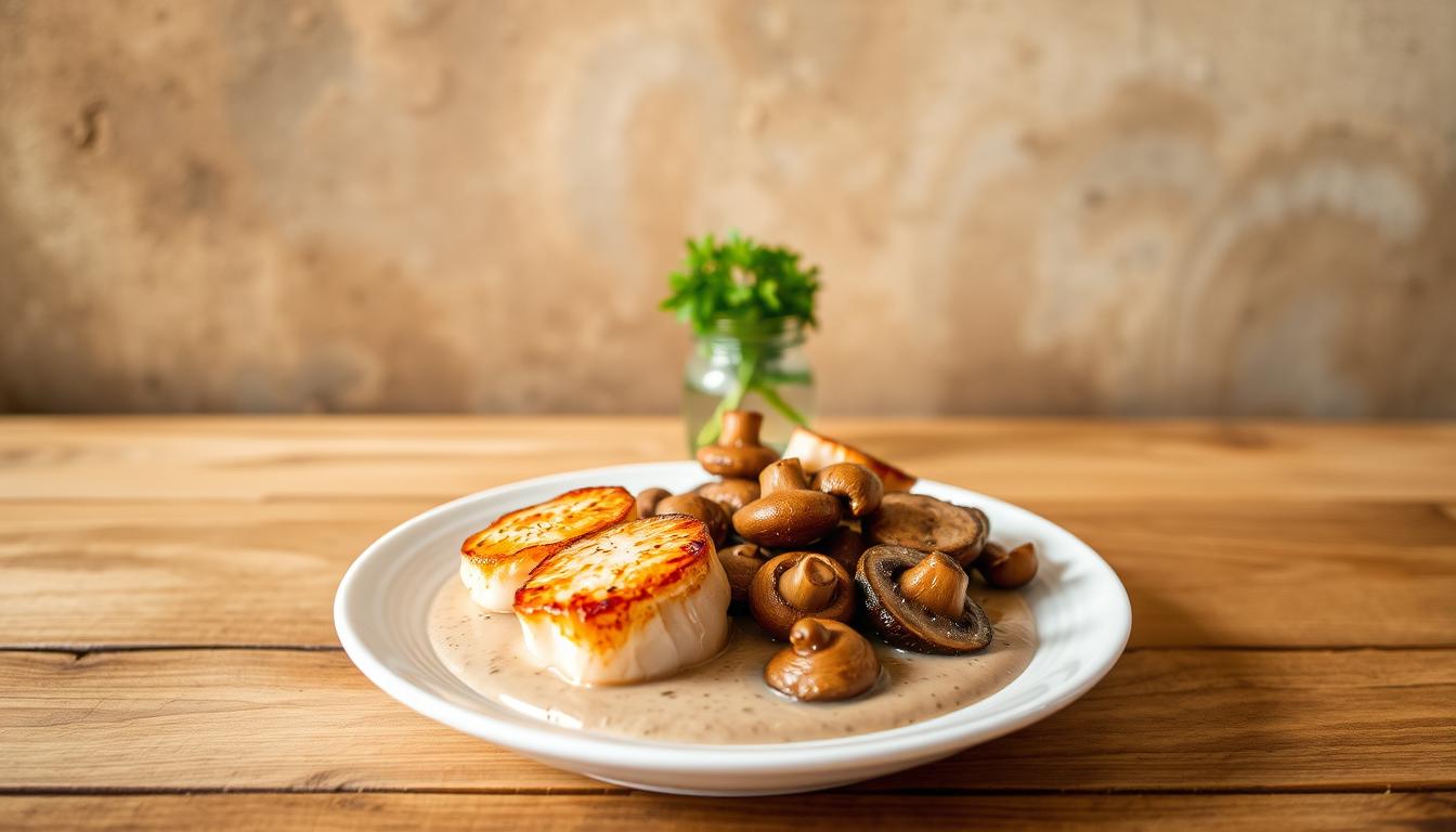 A simple seafood and mushroom meal set against a warm, cozy backdrop. In the foreground, a wooden table holds a plate featuring seared scallops, sautéed shitake mushrooms, and a creamy mushroom sauce. The scallops glisten under the soft, diffused lighting, while the mushrooms release an earthy aroma. In the middle ground, a modest vase of fresh herbs adds a touch of greenery. The background is a rustic, textured wall, lending an intimate, inviting atmosphere to the scene. The overall mood is one of comfort and culinary delight, perfectly capturing the essence of a delicious seafood and mushroom dish.