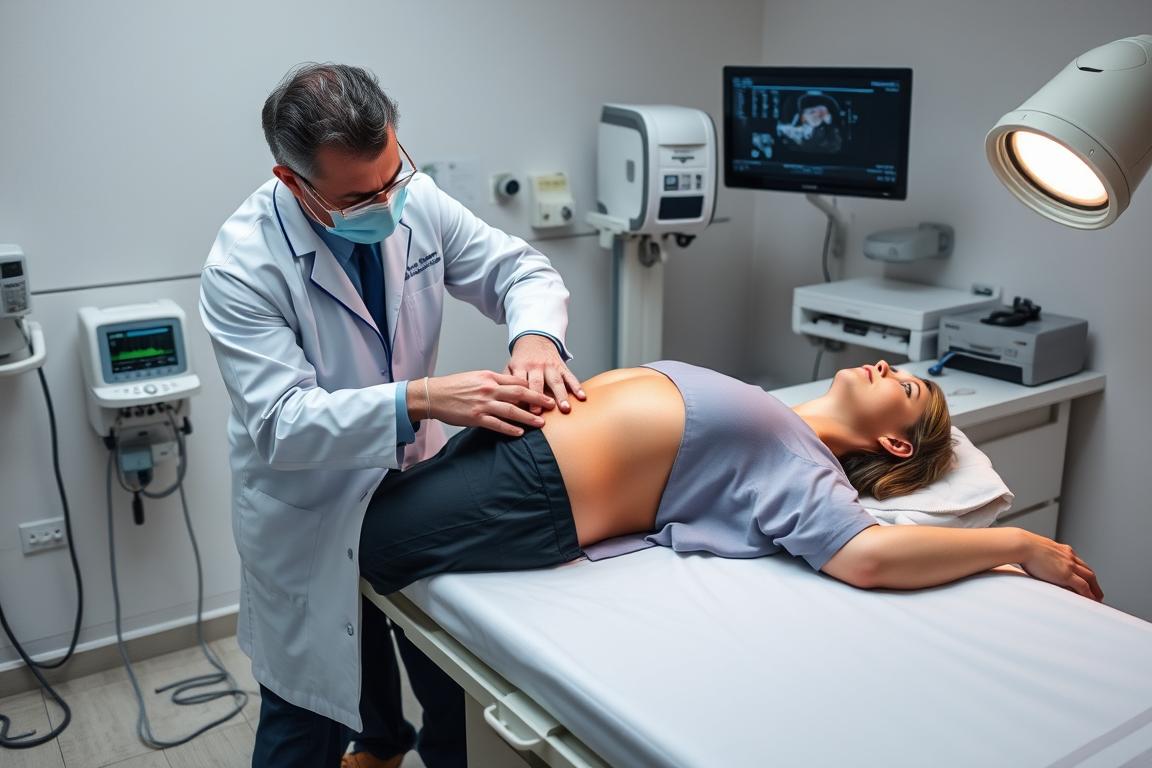 Médico realizando ultrassonografia abdominal para diagnóstico de gordura no fígado