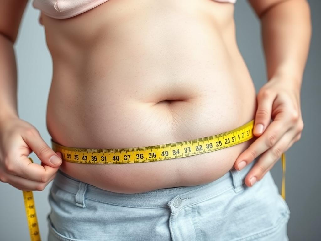 Pessoa com sobrepeso medindo a circunferência abdominal, relacionando obesidade à gordura do fígado